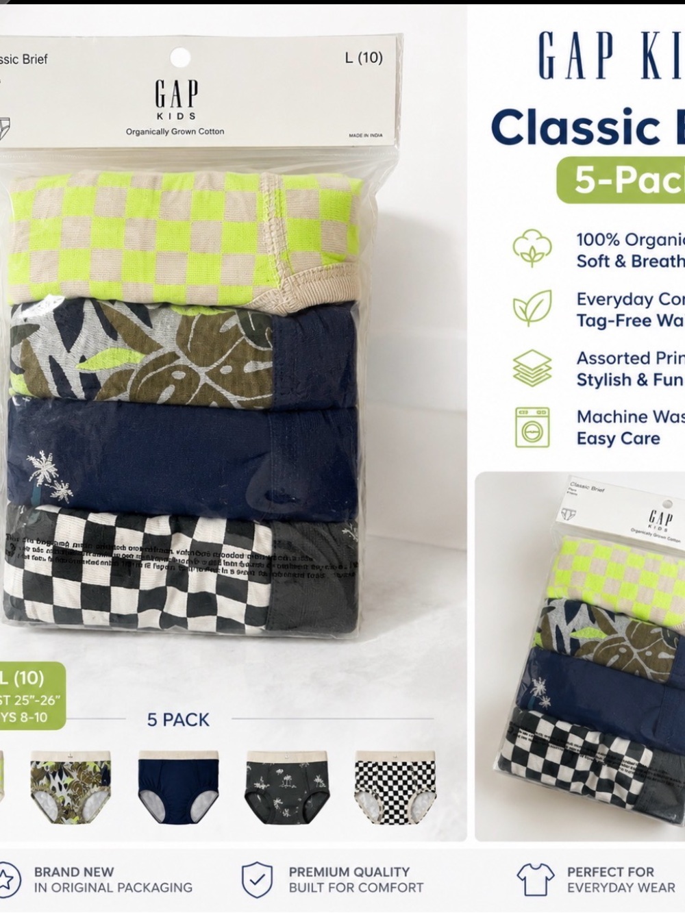 GAP Kids 5-Pack Boys Briefs - Neon Green Checker & Navy Mix